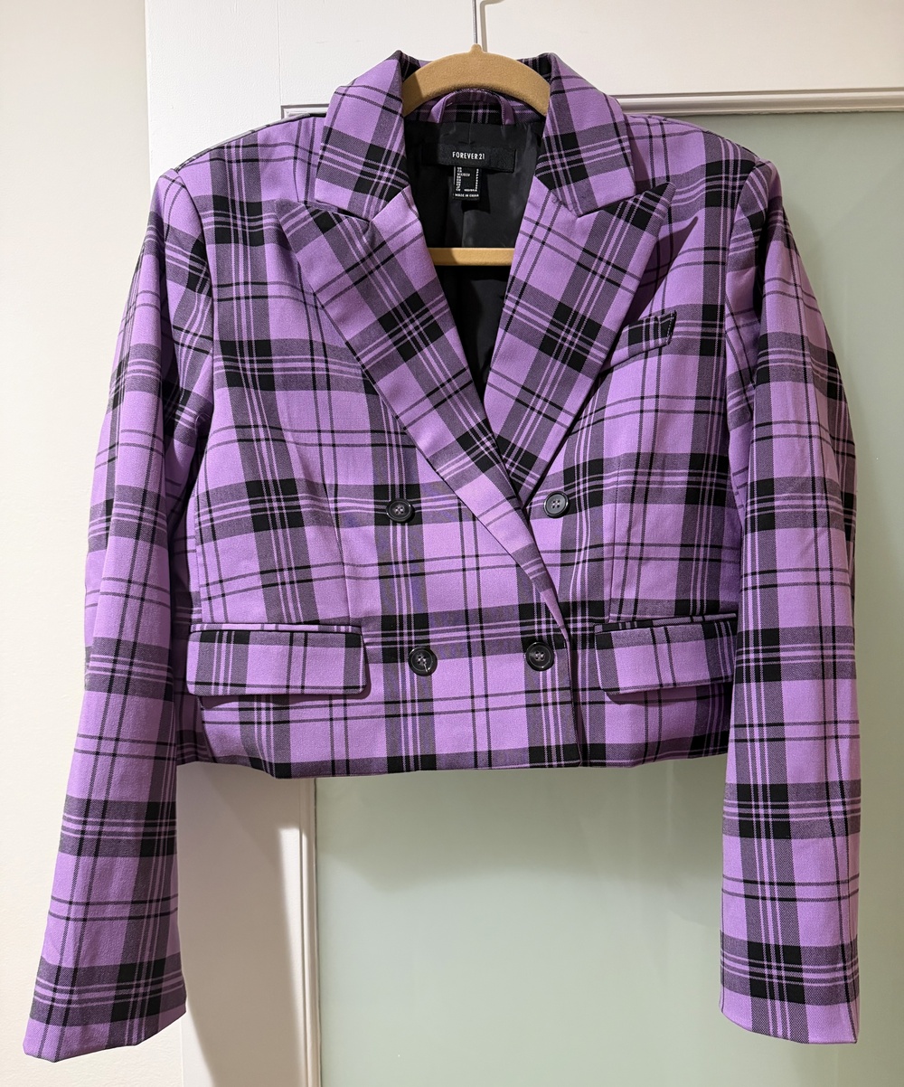 Forever 21 Black & Lavender Plaid Cropped Blazer Size Small